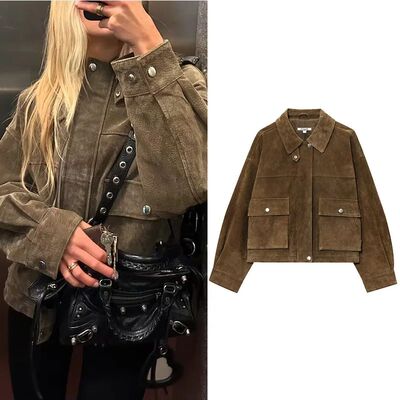 NERHEFZ Casual Women's Suede Bomber Jackets Loose Lapel Zipp