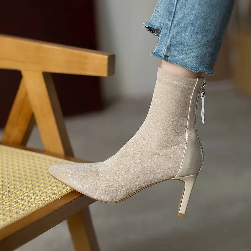 2024 Women Ankle Boots Fashion Pointed Toe Ladies Elegant Sh