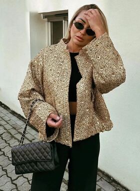 Women Fashion Shiny Sequin Jacket Y2k Gold Color Stand Colla