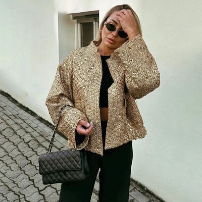 Women Fashion Shiny Sequin Jacket Y2k Gold Color Stand Colla