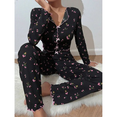 Y2K Cute Floral Ribbed Pajama Set Womens Long Sleeve V Neck