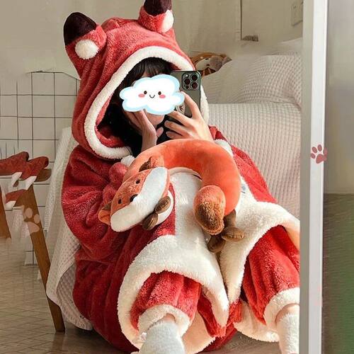 Cartoon Animal Fox Pajamas Women's Winter Coral Fleece Thick