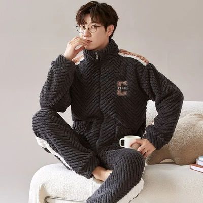 Autumn Winter Men's Sleepwear Coral Fleece Warm Zipper Thick