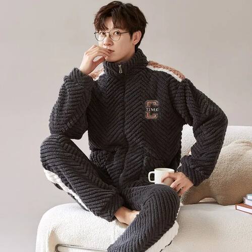 Autumn Winter Men's Sleepwear Coral Fleece Warm Zipper Thick