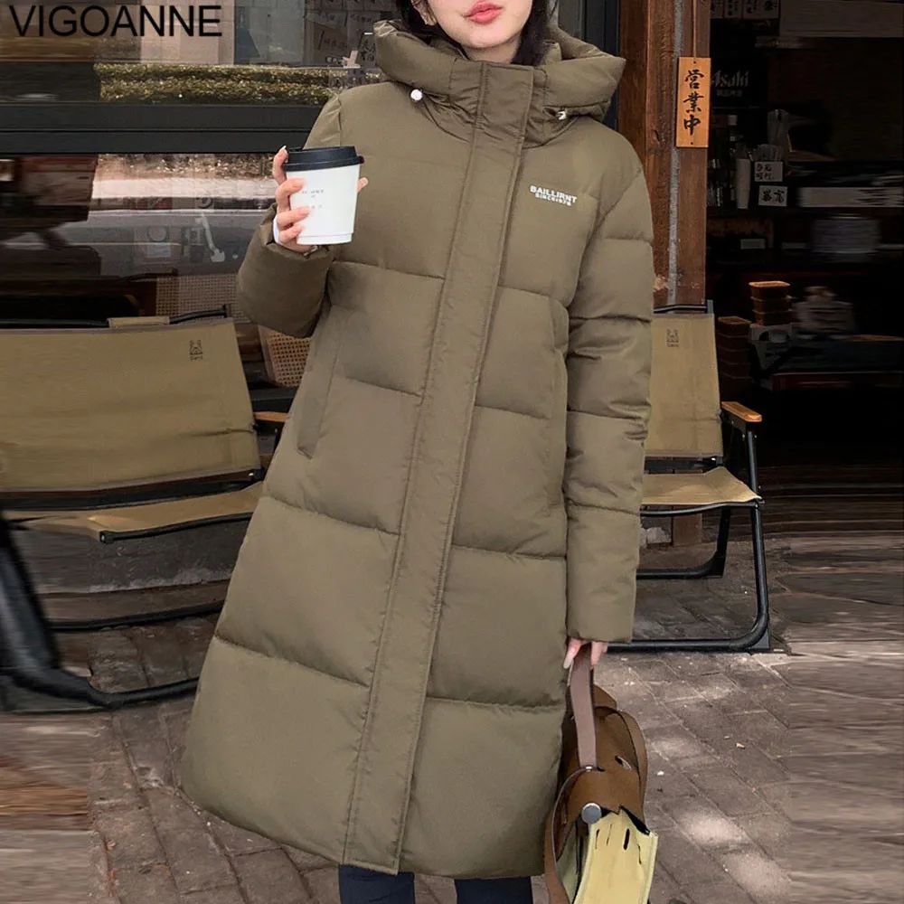 VigoAnne 2025 Winter Zipper Hooded Down Long Coat Korean Wom