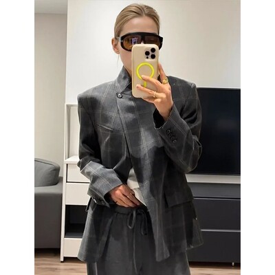 Plaid Print Blazer Jacket Women Fashion Stand Collar Full Sl