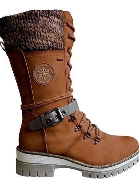 2025 Women Winter Buckle Lace Knitted Mid-calf Boots Low Hee