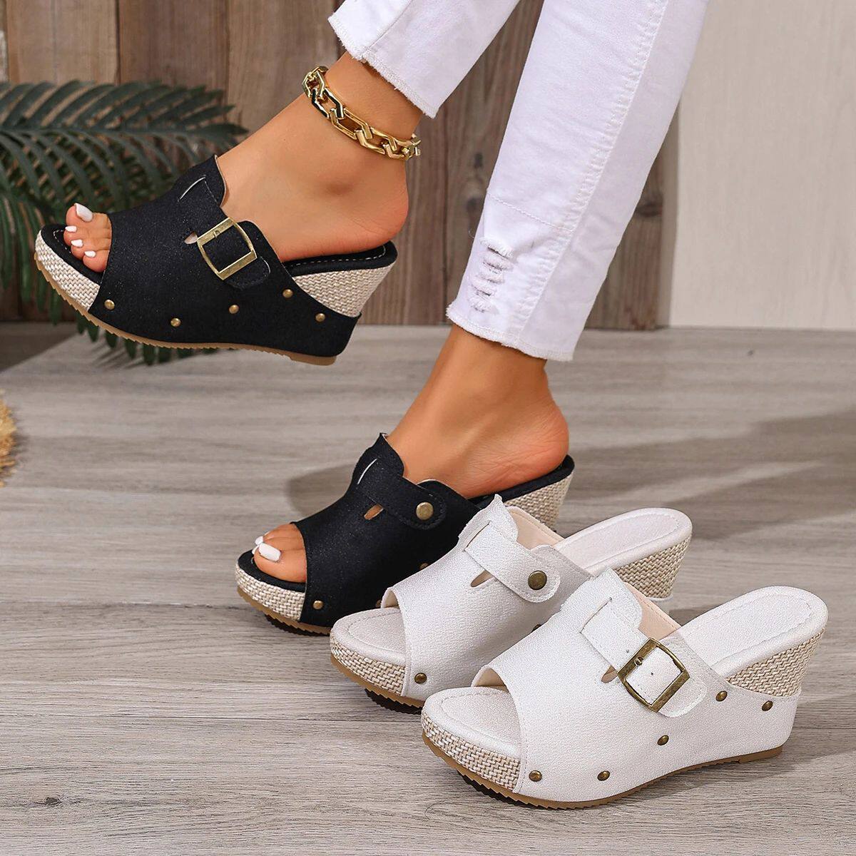 2026 Summer Women's Espadrille Wedge Mules Black White Adjus