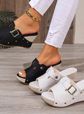 2026 Summer Women's Espadrille Wedge Mules Black White Adjus