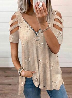 2024 Summer Women's V-Neck Zipper Printed Short Sleeve Tops
