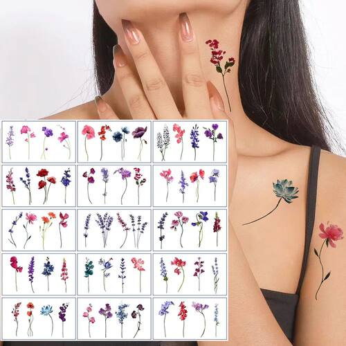 15 Sheets Flower Temporary Tattoo Stickers for Women, Waterp