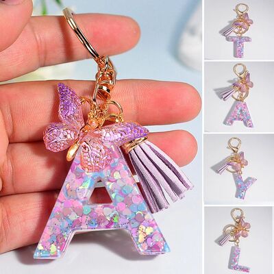 A To Z Purple Heart Filled Letter Keychain Women Wallet Char