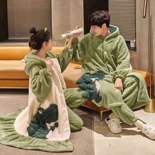 Couples Pajamas Women Men Sleepwear Winter Thicken Suit Kimo