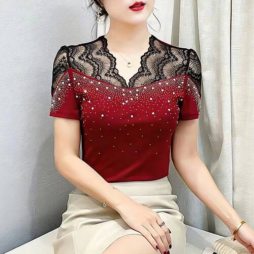 2026 Summer Women Tops New Korean Fashion Diamond Mesh T Shi