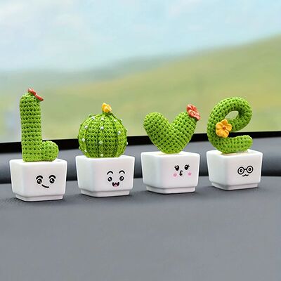 1 Set Of 4, Resin Succulent Cactus Mini Green Plant Car Offi