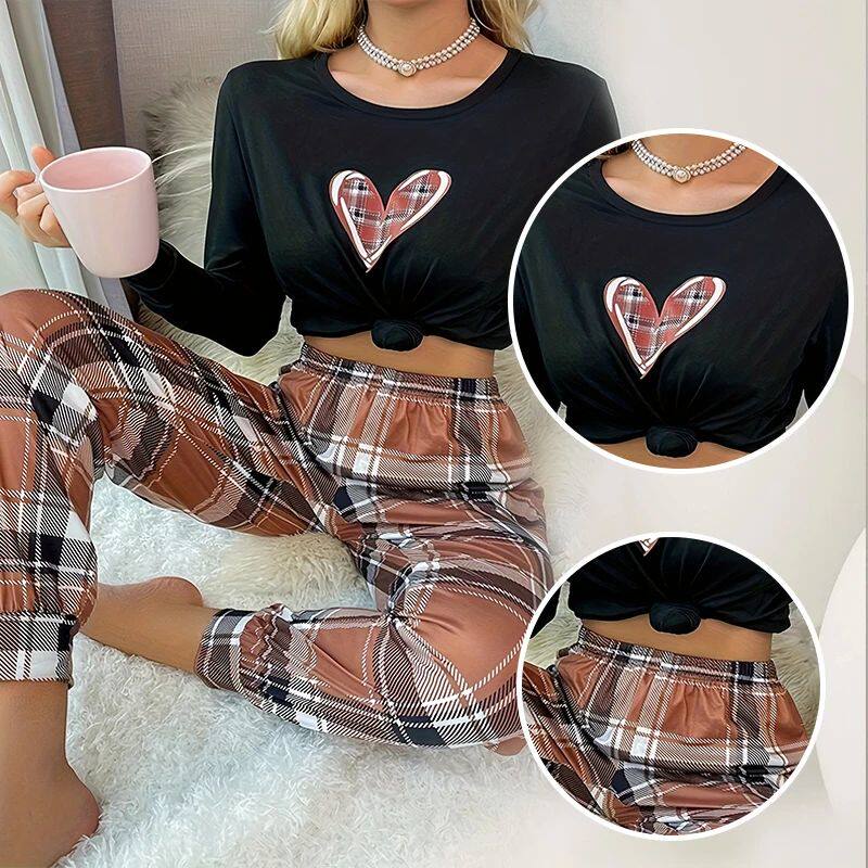 Two-Piece Long Sleeved Sleepwear Set with Printed Heart Top