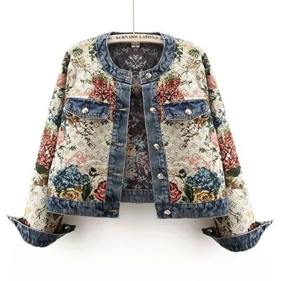 Chinese retro jacquard long-sleeved round neck denim jacket