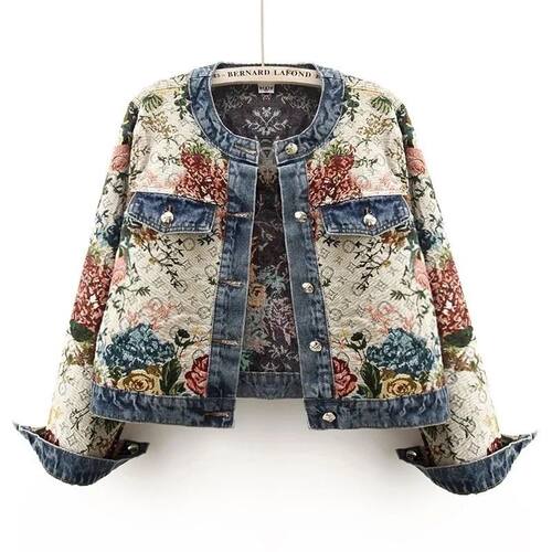 Chinese retro jacquard long-sleeved round neck denim jacket