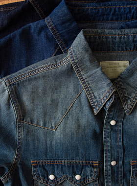 7oz竹节棉水洗做旧全棉美式复古长袖牛仔衬衫基础男女按扣秋上衣