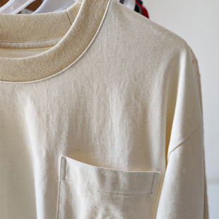 复古胚色老布 纯棉加厚春秋长袖宽松滑肩纯棉口袋T恤男女国潮打底
