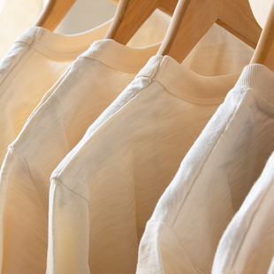 四季 透气新疆棉粗布竹节棉原色宽松圆领T恤男女打底纯棉防晒 长袖