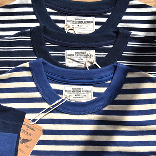 休闲 圆领美式 阿美咔叽复古280克男棉重磅厚蓝白条纹长袖 T恤海魂衫