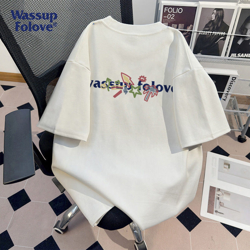 WASSUP夏季新款简约白色重磅纯棉短袖t恤男女款街头潮牌小众上衣