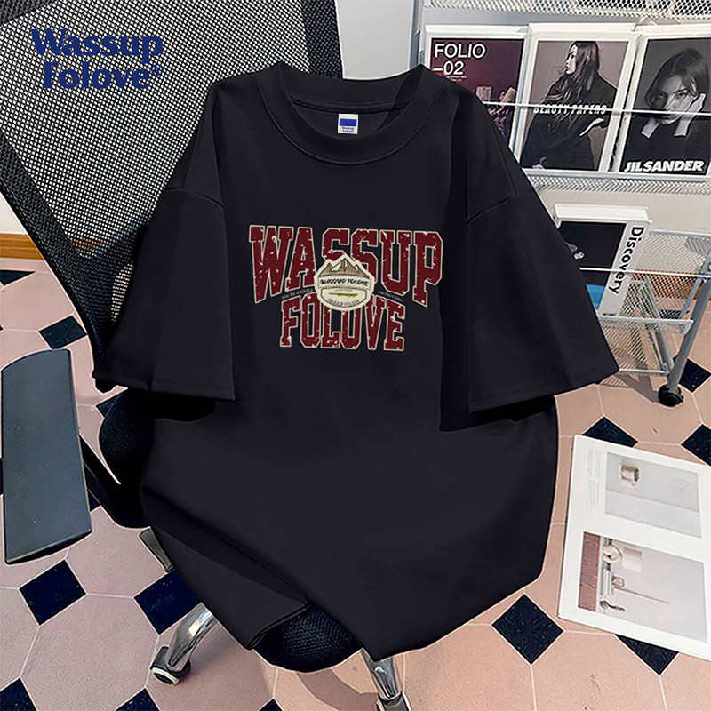 WASSUP夏季短袖T恤印花男女款时尚重磅纯棉休闲潮牌情侣宽松上衣