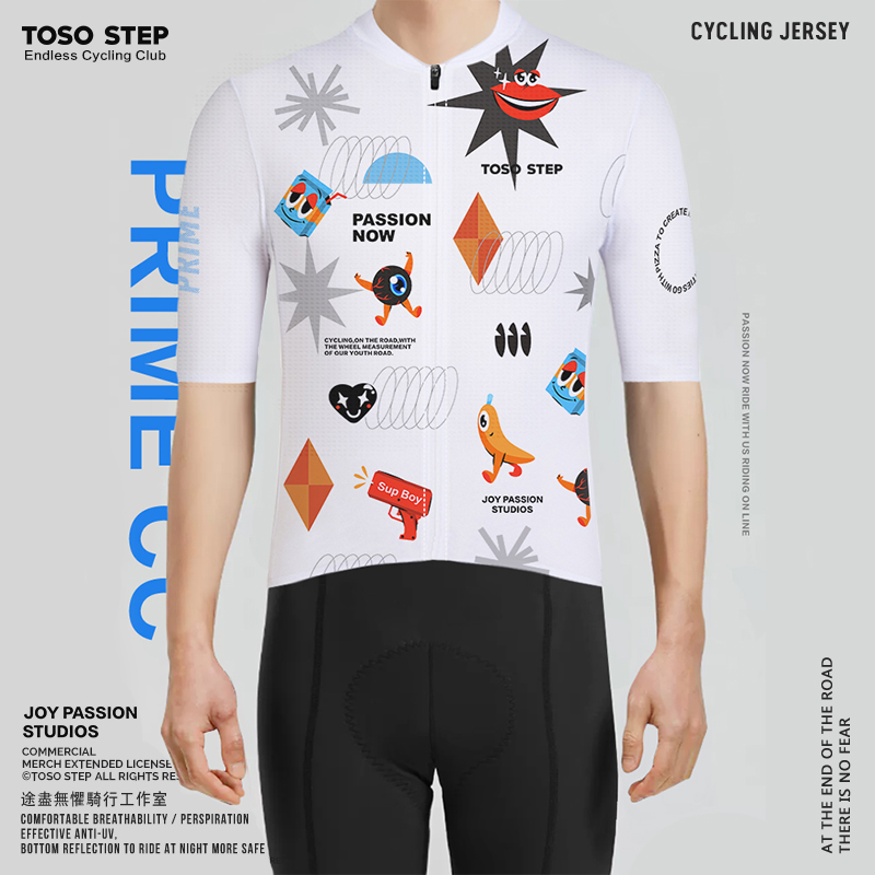 TOSO STEP 白色夏季卡通涂鸦短袖骑行服公路自行车透气上衣男女