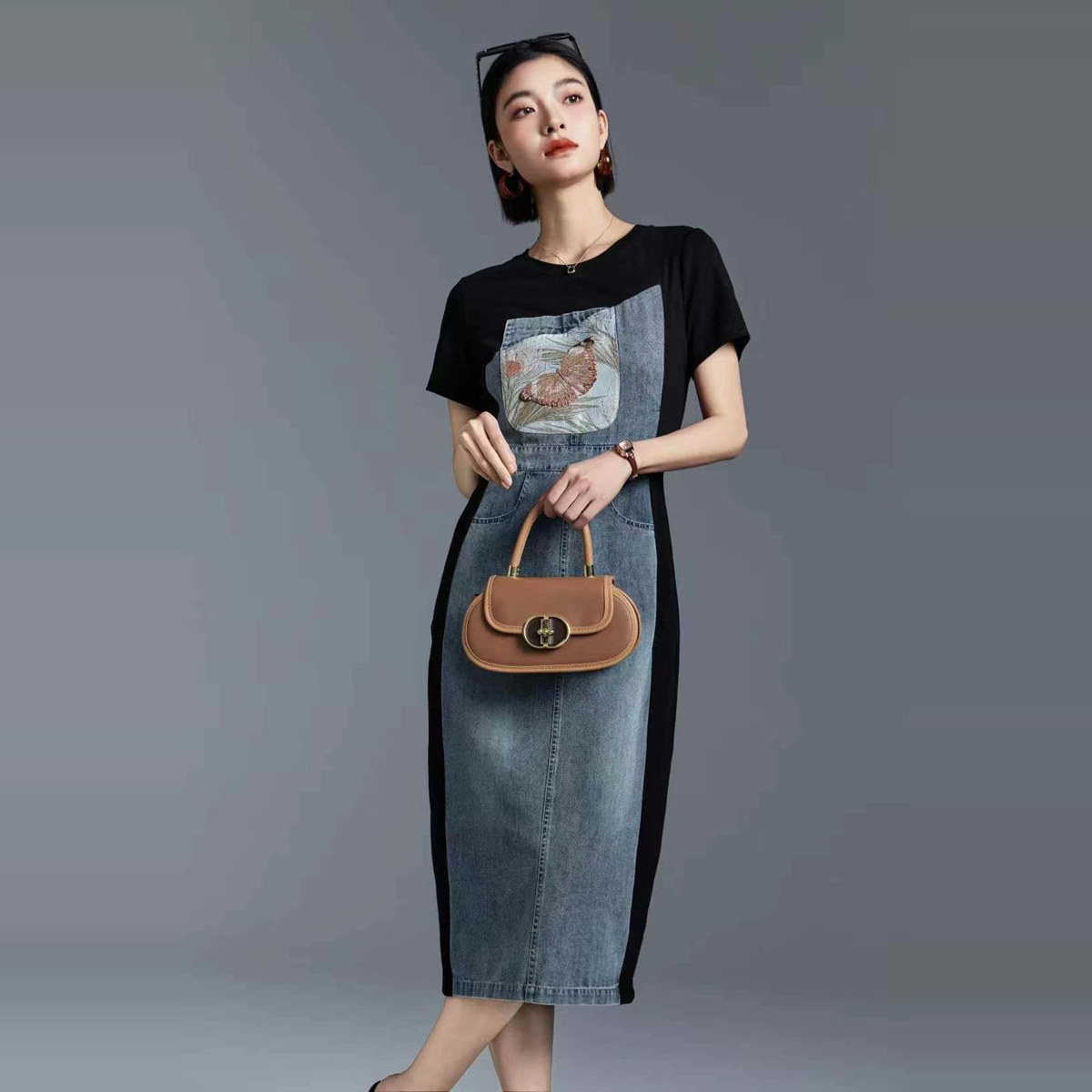 千娜利商场连衣裙E8031女2025夏装新款气质短袖时尚中长款牛仔裙