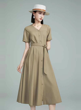 千娜利商场专柜连衣裙E8035女2025夏装新款气质短袖时尚中长款裙