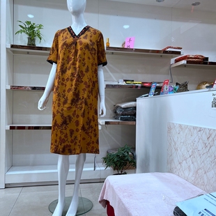 改良旗袍裙宽松大码 开顺连衣裙L22HZ5516正品 女2023夏V领花色短袖