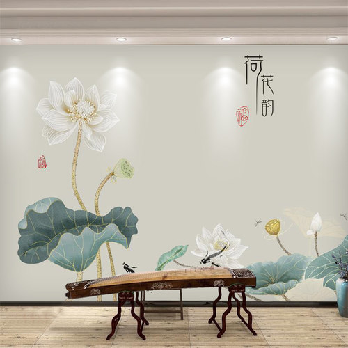 新中式壁纸茶室客厅电视背景墙布8d古风水墨荷花卧室墙纸定制壁画