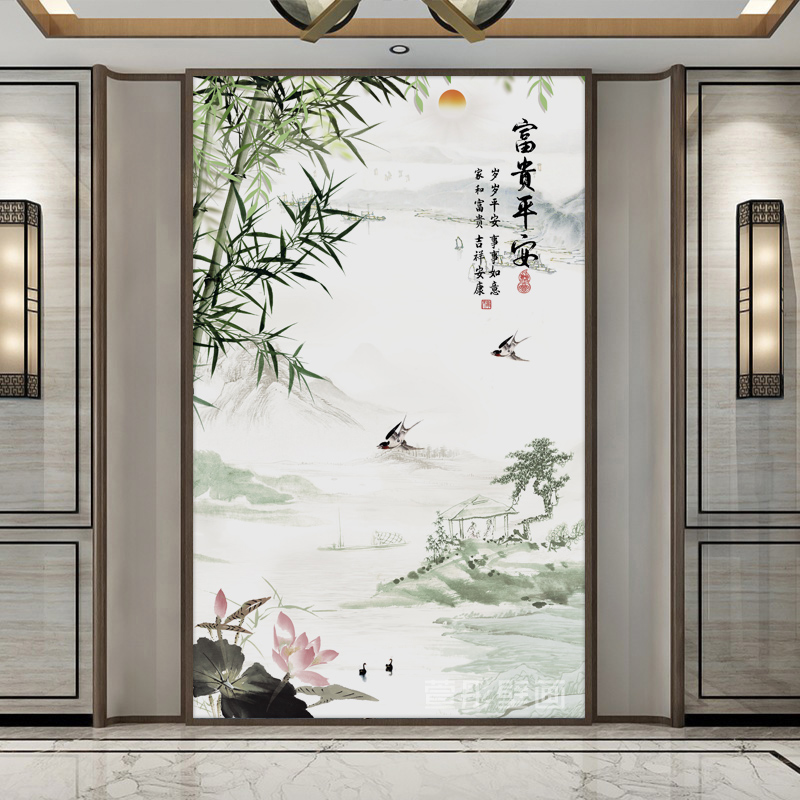 现代客厅过道玄关背景墙布新中式复式楼挑高竹子荷花壁画墙纸壁布