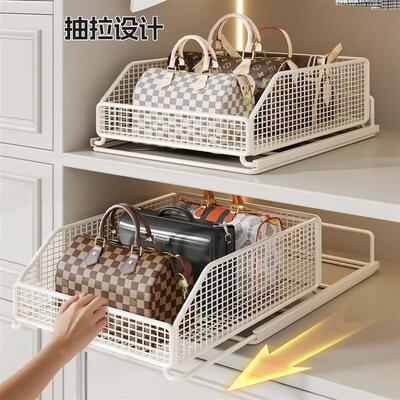 A large-capacity handbag bag displaying a shelf at the top o