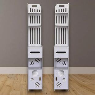 In the bathroom, the corner shelf owner uses multiple floors