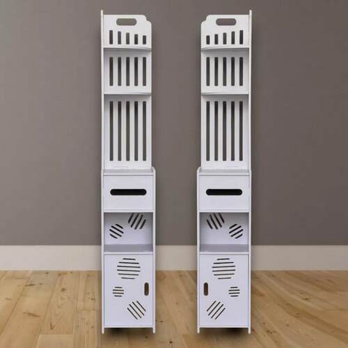 In the bathroom, the corner shelf owner uses multiple floors
