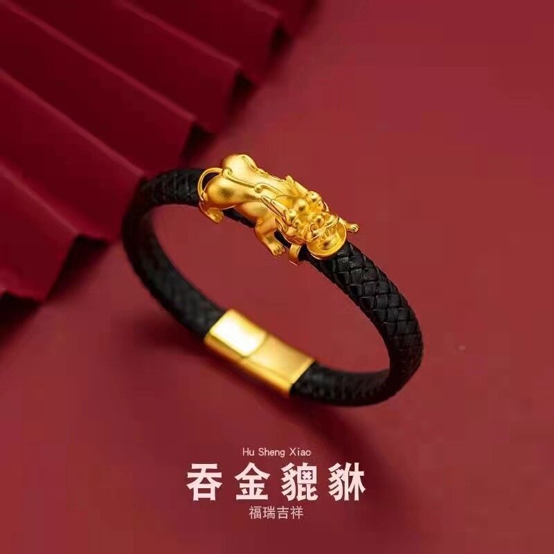 欧美跨境外贸越南沙金手链男铜合金宽皮绳欧币貔貅热销首饰手饰