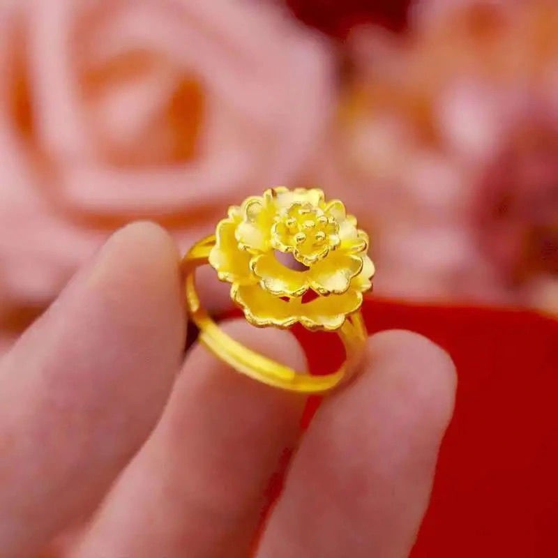 出口欧美跨境外贸越南沙金戒指女小众设计富贵花尾戒铜合金指环银