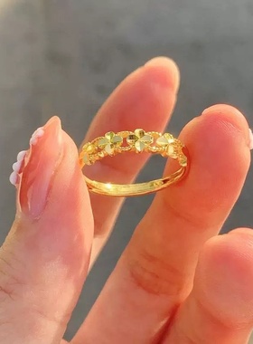 出口欧美跨境外贸沙金饰品四叶草戒指女轻奢感花环戒子开口指环