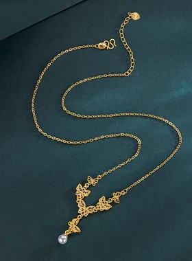 欧美跨境外贸沙金饰品金立体蝴蝶飞舞项链女款轻奢气质感锁骨链