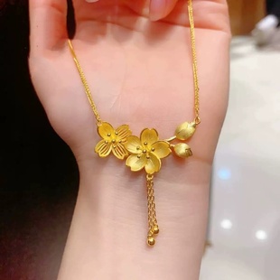 欧美跨境外贸沙金饰品双生花项链女桃花项链轻奢小众一体链锁骨