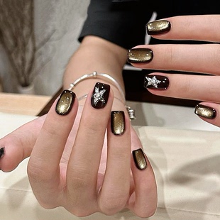 纯手工穿戴美甲短款成品显白温柔高级感秋咖金棕黑猫眼银闪星星钻
