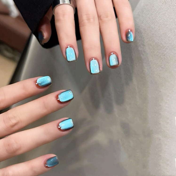 纯手工穿戴美甲短款成品显白温柔高级蓝色猫眼秋冬棕咖蓝撞色简约