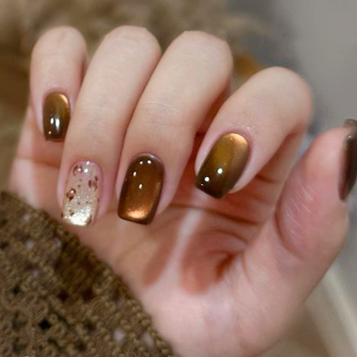 纯手工穿戴美甲成品短款显白温柔高级秋冬金棕豹纹猫眼咖啡拿铁美