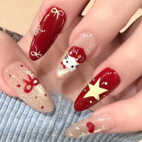 手工穿戴美甲长款成品显白温柔高级猫眼新年红色格纹波点星蝴蝶结