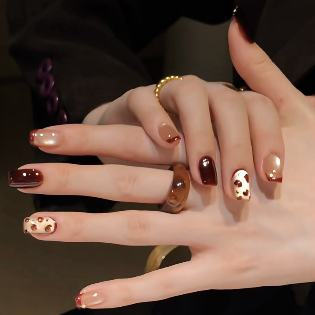 纯手工穿戴美甲短款成品假指甲贴片成品豹纹甜心红法式金棕光猫眼