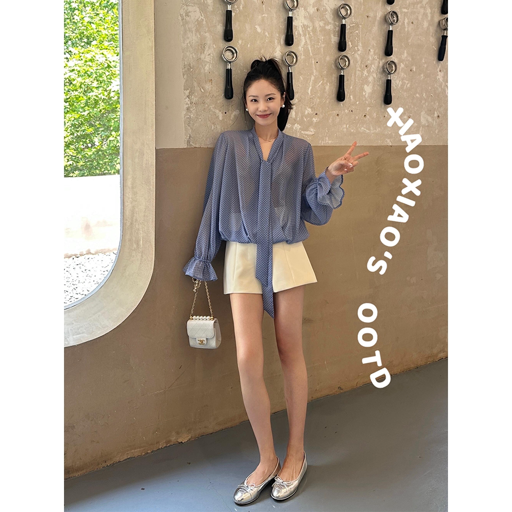 MUKOK 南法夏日 蓝色波点轻薄V领衬衫女长袖春夏新款淑女衬衫上衣