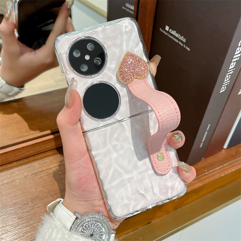 适用于华为pocket2手机壳透明水波纹pocketS折叠屏全包pocket2简约防撞防摔P50pocket水钻爱心手带女款保护套