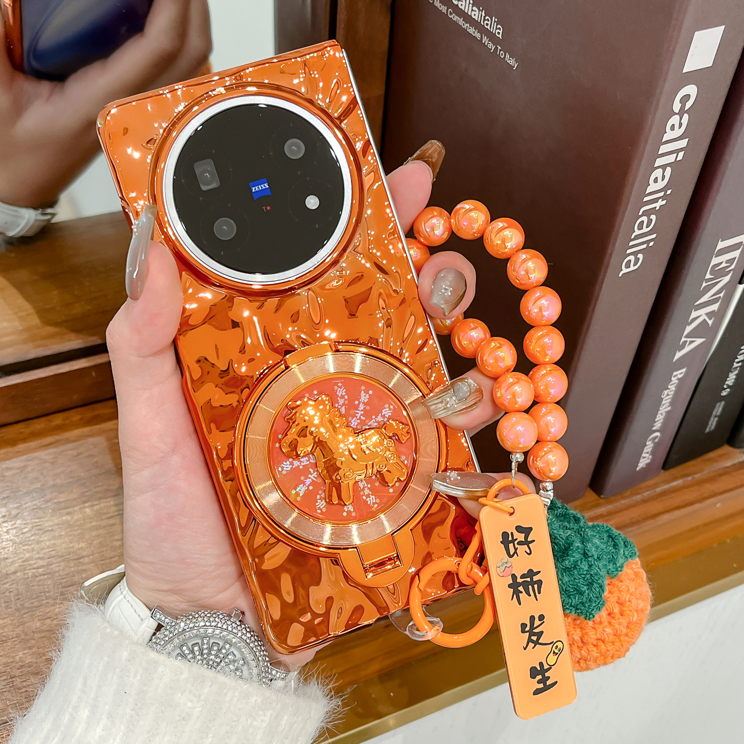 折叠屏橙色硬壳防摔手提链保护套